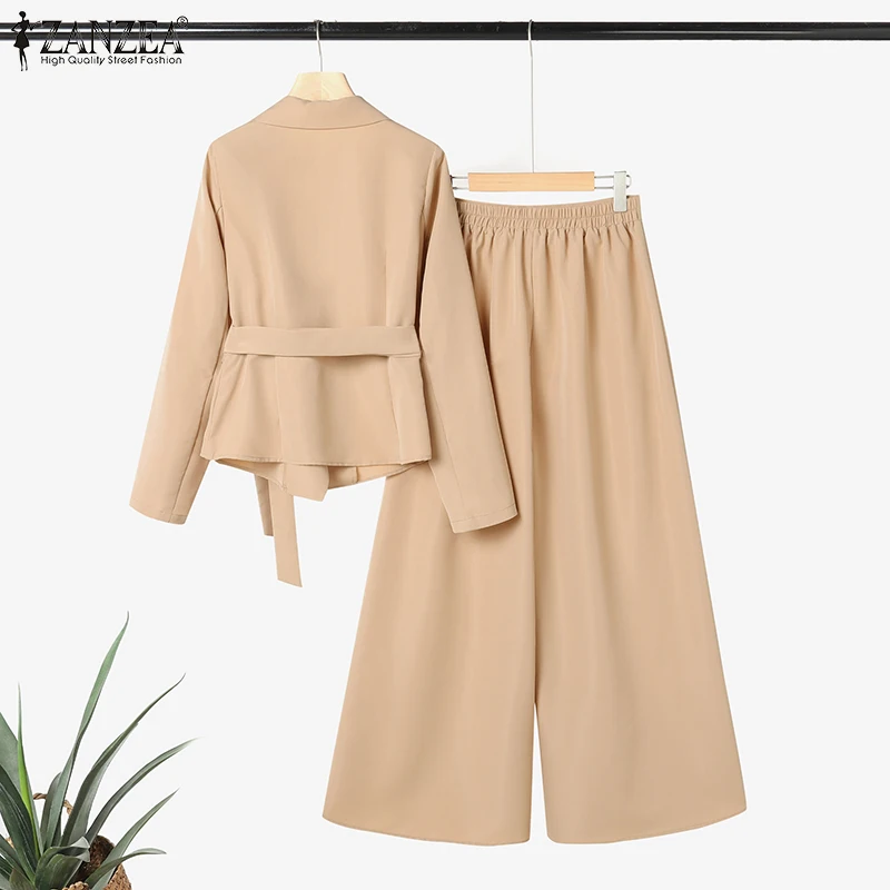ZANZEA Women Elegant 2 Pieces Pant Sets Lightweight Long Sleeve Belted Blazer & Wide Leg Pant 2pcs Suits Office Commuting Sets