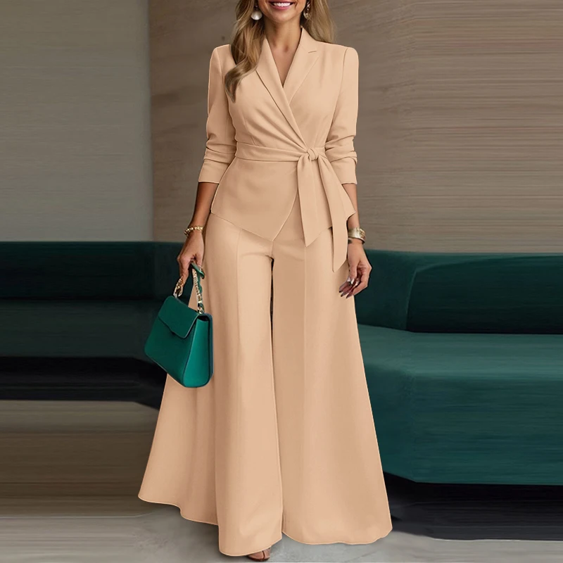 ZANZEA Women Elegant 2 Pieces Pant Sets Lightweight Long Sleeve Belted Blazer & Wide Leg Pant 2pcs Suits Office Commuting Sets