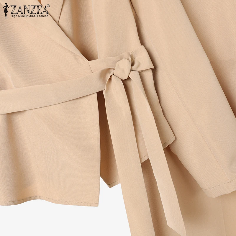 ZANZEA Women Elegant 2 Pieces Pant Sets Lightweight Long Sleeve Belted Blazer & Wide Leg Pant 2pcs Suits Office Commuting Sets