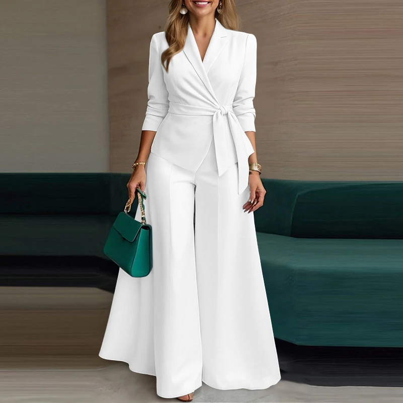 ZANZEA Women Elegant 2 Pieces Pant Sets Lightweight Long Sleeve Belted Blazer & Wide Leg Pant 2pcs Suits Office Commuting Sets