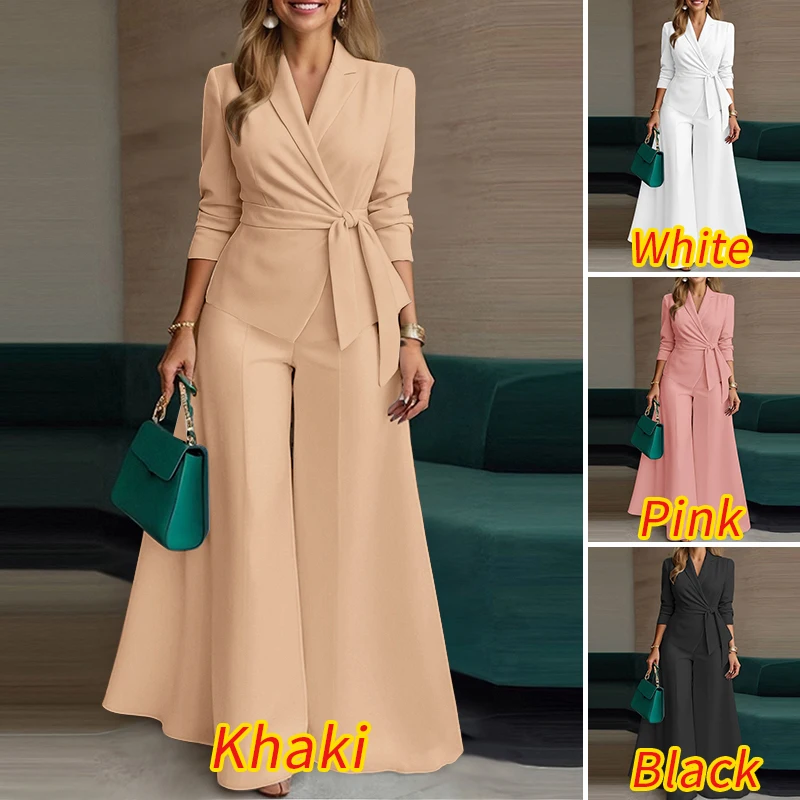 ZANZEA Women Elegant 2 Pieces Pant Sets Lightweight Long Sleeve Belted Blazer & Wide Leg Pant 2pcs Suits Office Commuting Sets