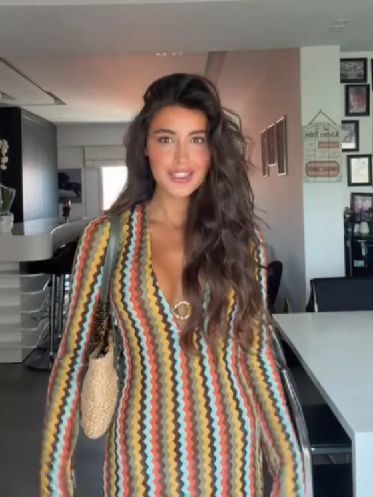 Women Y2k Retro Chevron Striped Long Dress Long Sleeve Deep V O-ring Bodycon Maxi Dress Female Summer Travel Club Party Dresses