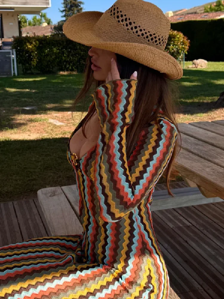 Women Y2k Retro Chevron Striped Long Dress Long Sleeve Deep V O-ring Bodycon Maxi Dress Female Summer Travel Club Party Dresses
