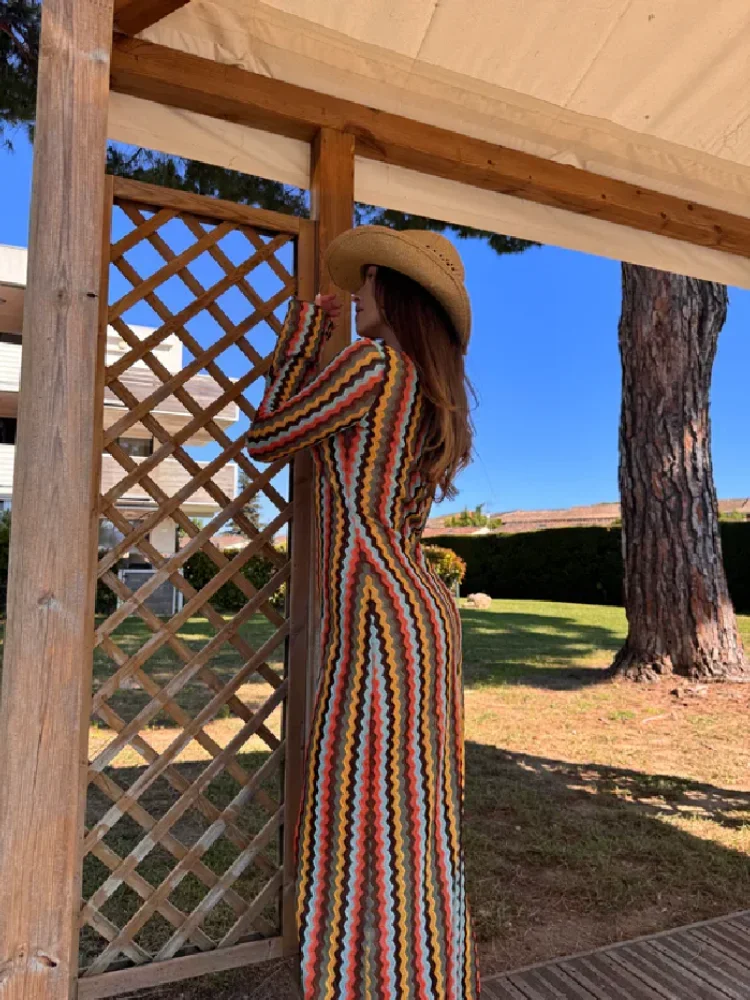 Women Y2k Retro Chevron Striped Long Dress Long Sleeve Deep V O-ring Bodycon Maxi Dress Female Summer Travel Club Party Dresses