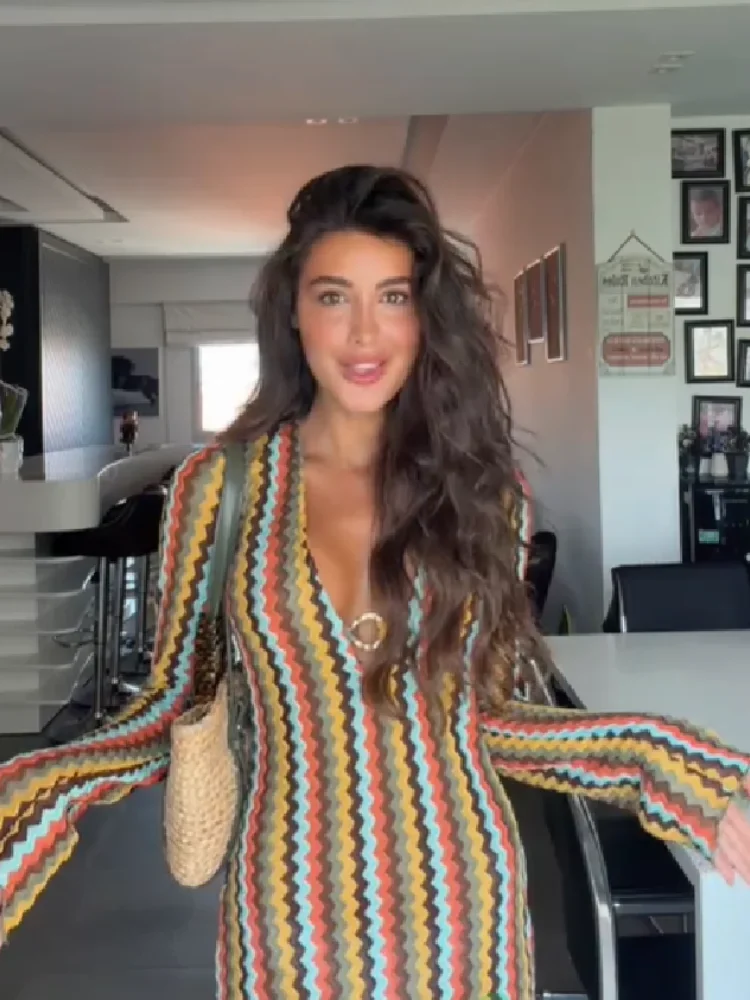 Women Y2k Retro Chevron Striped Long Dress Long Sleeve Deep V O-ring Bodycon Maxi Dress Female Summer Travel Club Party Dresses