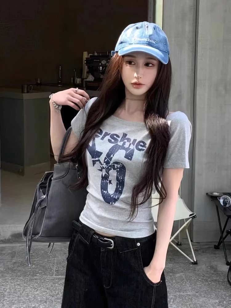 Y2k Sport Summer Off Shoulder Top Women Sexy Vintage 2000s Short Sleeve T Shirt Lady Body Basic Crop Top Female Casual