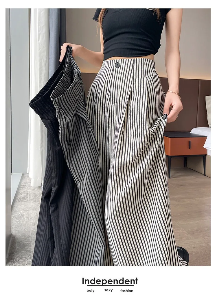 Women's High Waist Wide Leg Pants Ice Silk Striped Slimming Loose Casual Draping Straight Floor Length Suit Trousers