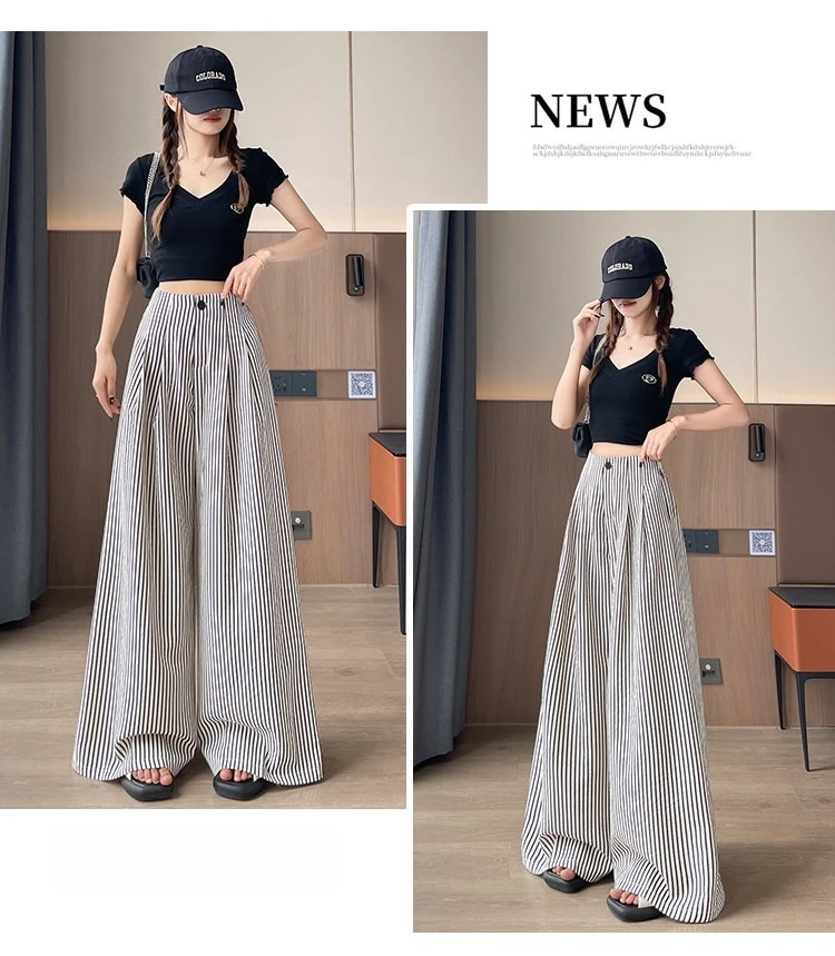 Women's High Waist Wide Leg Pants Ice Silk Striped Slimming Loose Casual Draping Straight Floor Length Suit Trousers