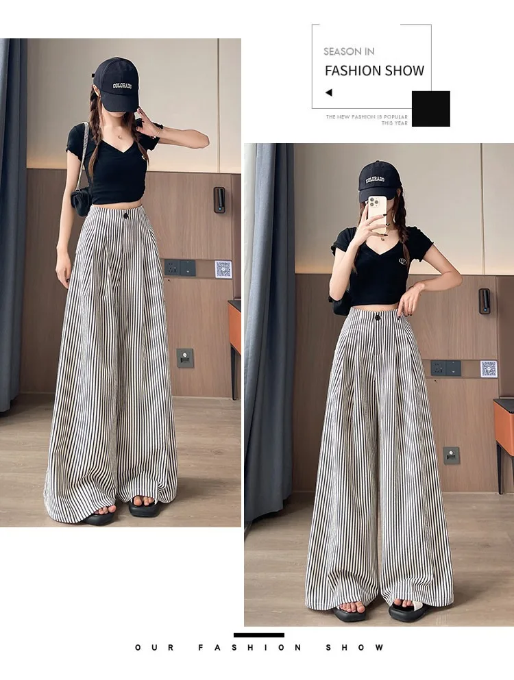 Women's High Waist Wide Leg Pants Ice Silk Striped Slimming Loose Casual Draping Straight Floor Length Suit Trousers
