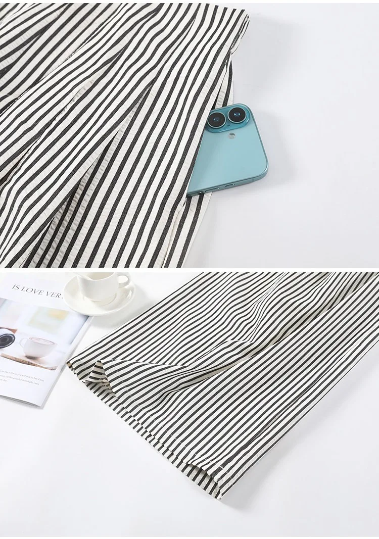 Women's High Waist Wide Leg Pants Ice Silk Striped Slimming Loose Casual Draping Straight Floor Length Suit Trousers