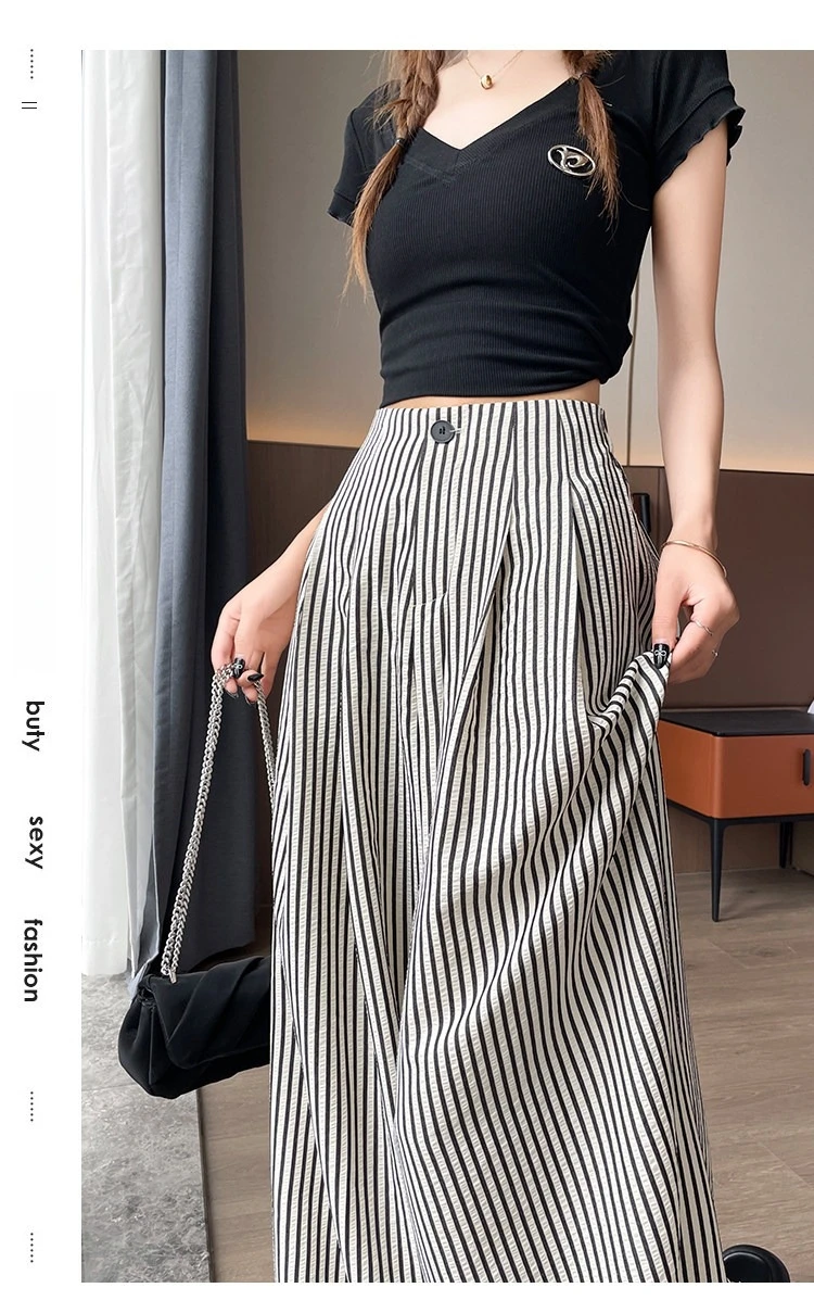 Women's High Waist Wide Leg Pants Ice Silk Striped Slimming Loose Casual Draping Straight Floor Length Suit Trousers