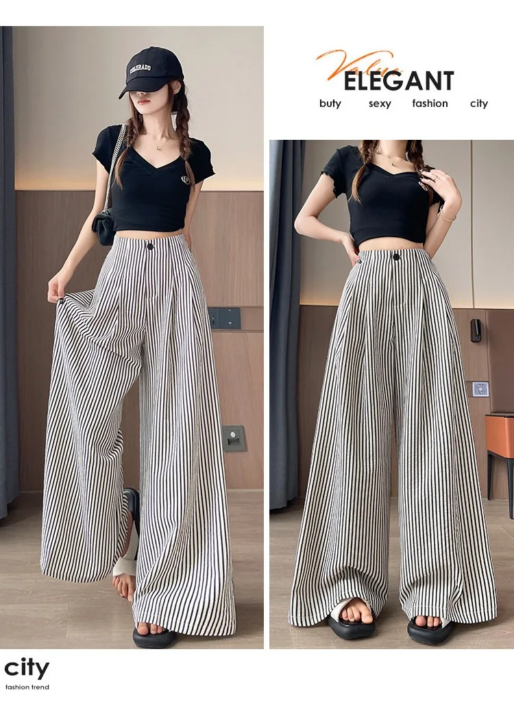 Women's High Waist Wide Leg Pants Ice Silk Striped Slimming Loose Casual Draping Straight Floor Length Suit Trousers