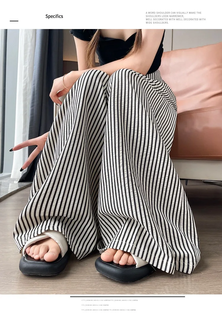 Women's High Waist Wide Leg Pants Ice Silk Striped Slimming Loose Casual Draping Straight Floor Length Suit Trousers