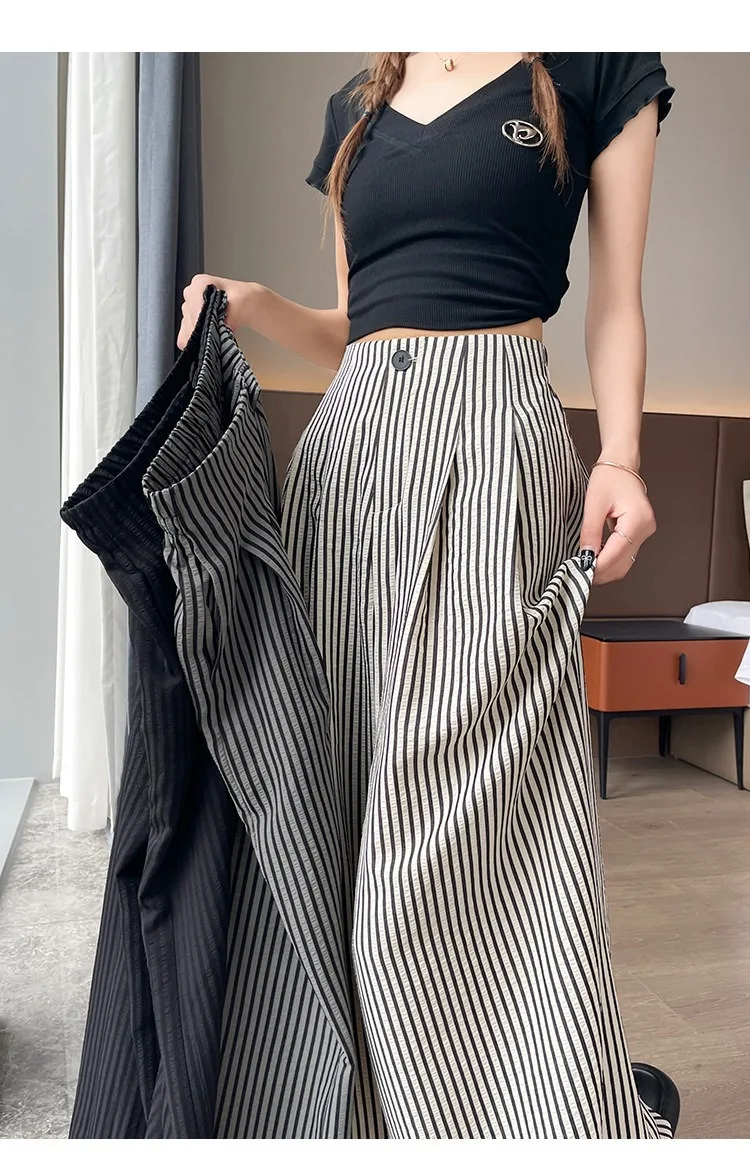 Women's High Waist Wide Leg Pants Ice Silk Striped Slimming Loose Casual Draping Straight Floor Length Suit Trousers