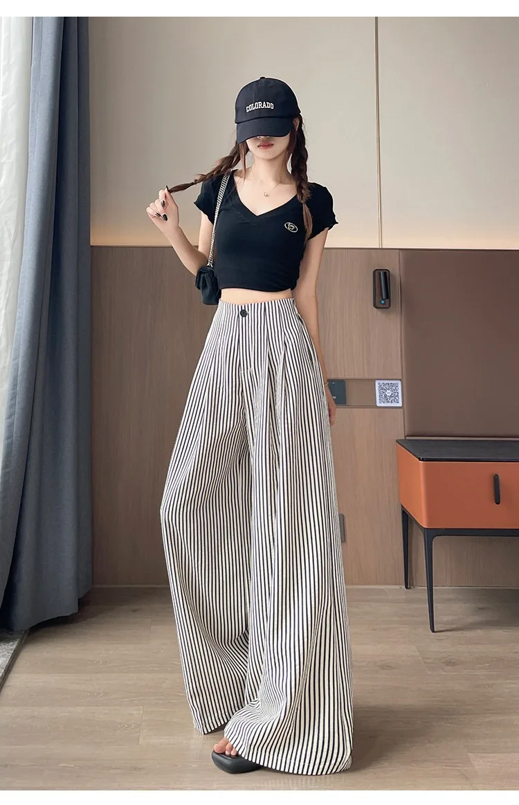 Women's High Waist Wide Leg Pants Ice Silk Striped Slimming Loose Casual Draping Straight Floor Length Suit Trousers