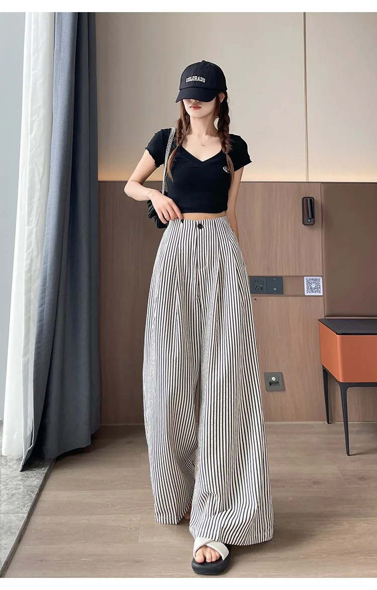 Women's High Waist Wide Leg Pants Ice Silk Striped Slimming Loose Casual Draping Straight Floor Length Suit Trousers