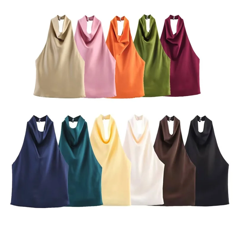 ETJ Women's 2026 Spring Cowl Neck Sleeveless Top Satin Backless Halter Blouse Elegant Party Night Out Wear Fashion Statement