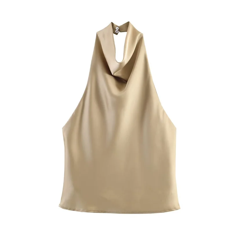 ETJ Women's 2026 Spring Cowl Neck Sleeveless Top Satin Backless Halter Blouse Elegant Party Night Out Wear Fashion Statement