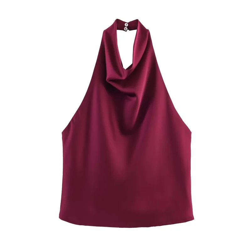 ETJ Women's 2026 Spring Cowl Neck Sleeveless Top Satin Backless Halter Blouse Elegant Party Night Out Wear Fashion Statement