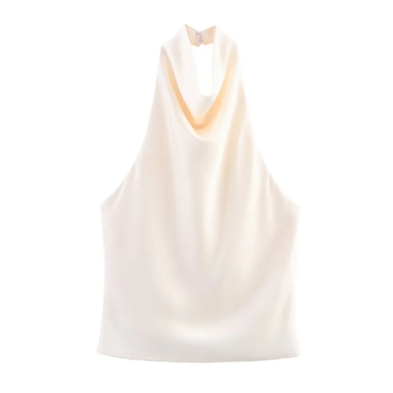 ETJ Women's 2026 Spring Cowl Neck Sleeveless Top Satin Backless Halter Blouse Elegant Party Night Out Wear Fashion Statement