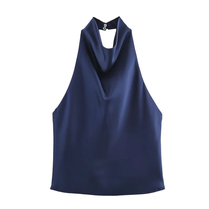 ETJ Women's 2026 Spring Cowl Neck Sleeveless Top Satin Backless Halter Blouse Elegant Party Night Out Wear Fashion Statement
