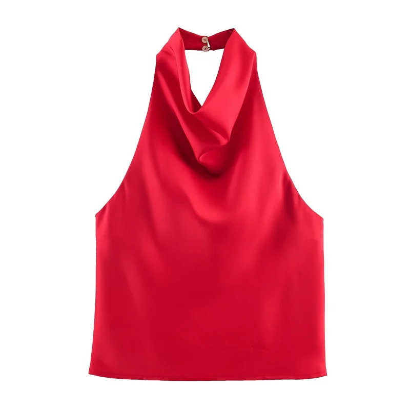 ETJ Women's 2026 Spring Cowl Neck Sleeveless Top Satin Backless Halter Blouse Elegant Party Night Out Wear Fashion Statement