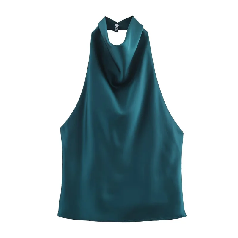 ETJ Women's 2026 Spring Cowl Neck Sleeveless Top Satin Backless Halter Blouse Elegant Party Night Out Wear Fashion Statement