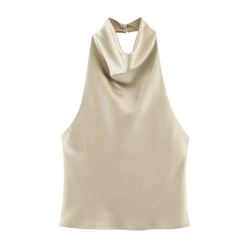 ETJ Women's 2026 Spring Cowl Neck Sleeveless Top Satin Backless Halter Blouse Elegant Party Night Out Wear Fashion Statement