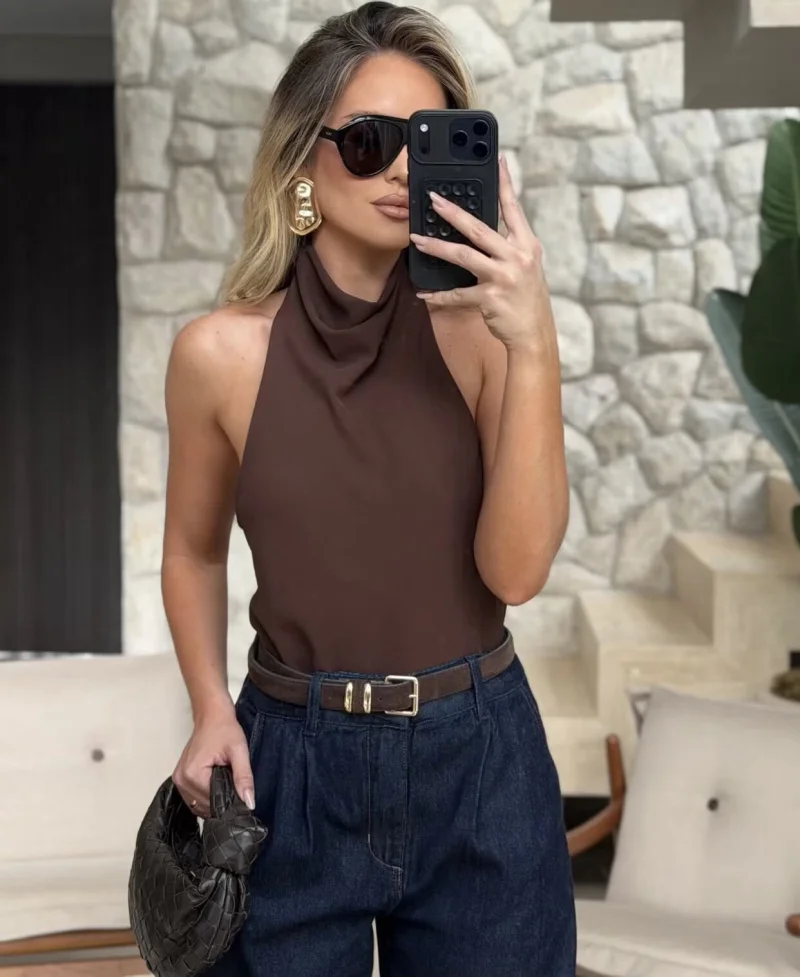 ETJ Women's 2026 Spring Cowl Neck Sleeveless Top Satin Backless Halter Blouse Elegant Party Night Out Wear Fashion Statement