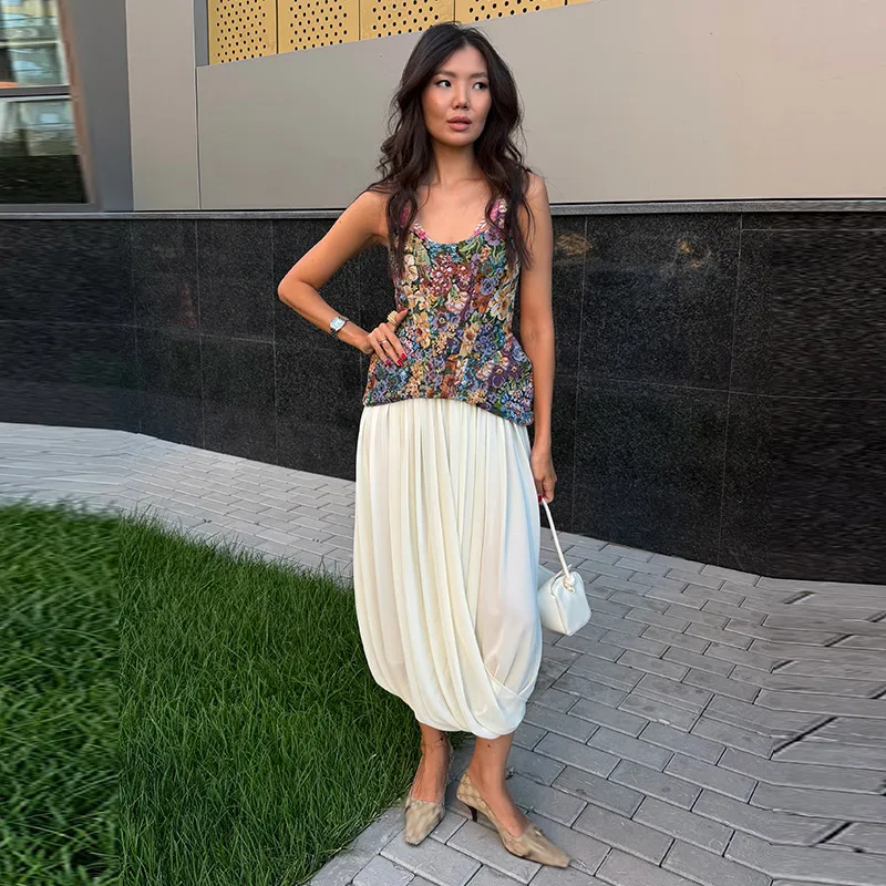 2026 Summer Autumn Chic Print Flower Slim Top Women Sleeveless Slash Neck Sling Backless Zipper Vest Female Lady Tops New