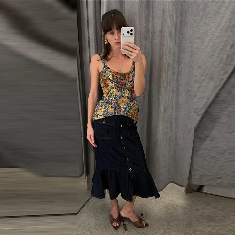 2026 Summer Autumn Chic Print Flower Slim Top Women Sleeveless Slash Neck Sling Backless Zipper Vest Female Lady Tops New