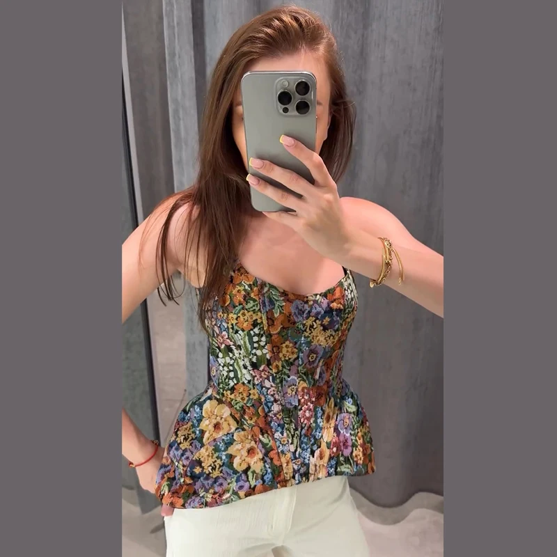 2026 Summer Autumn Chic Print Flower Slim Top Women Sleeveless Slash Neck Sling Backless Zipper Vest Female Lady Tops New