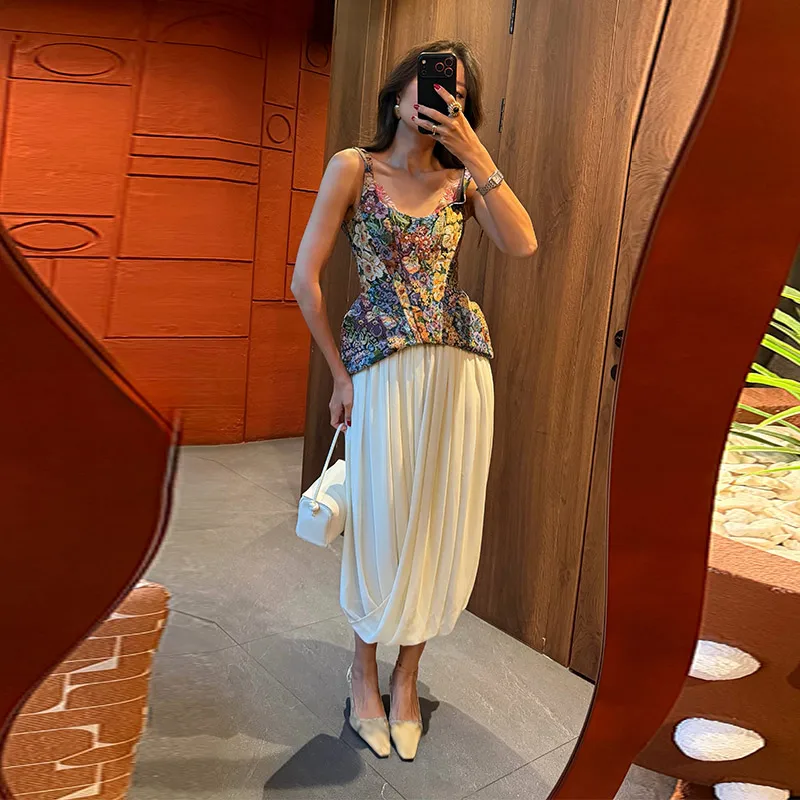 2026 Summer Autumn Chic Print Flower Slim Top Women Sleeveless Slash Neck Sling Backless Zipper Vest Female Lady Tops New