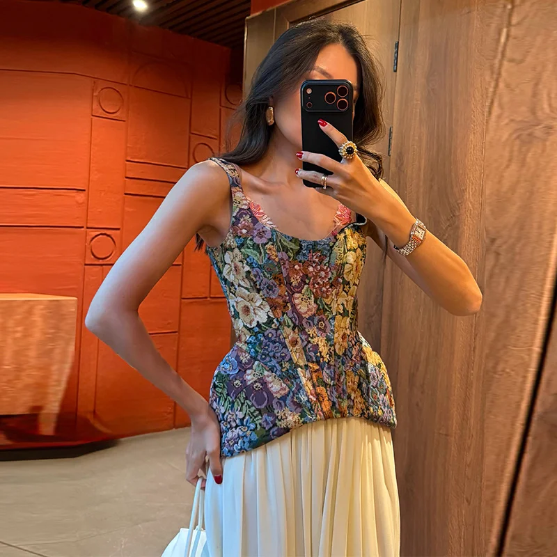 2026 Summer Autumn Chic Print Flower Slim Top Women Sleeveless Slash Neck Sling Backless Zipper Vest Female Lady Tops New