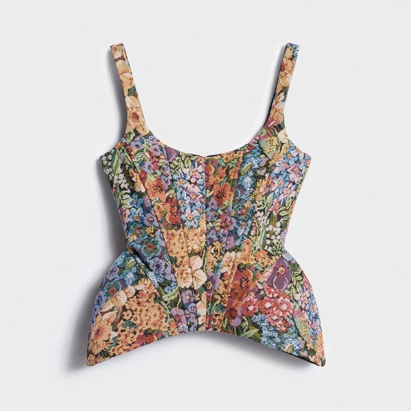 2026 Summer Autumn Chic Print Flower Slim Top Women Sleeveless Slash Neck Sling Backless Zipper Vest Female Lady Tops New