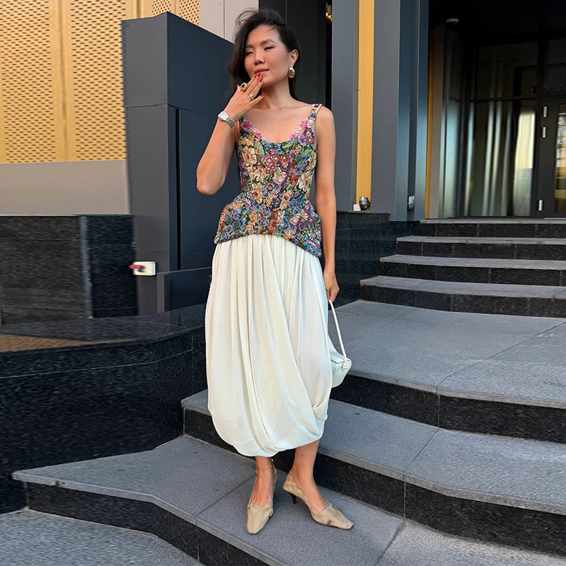 2026 Summer Autumn Chic Print Flower Slim Top Women Sleeveless Slash Neck Sling Backless Zipper Vest Female Lady Tops New