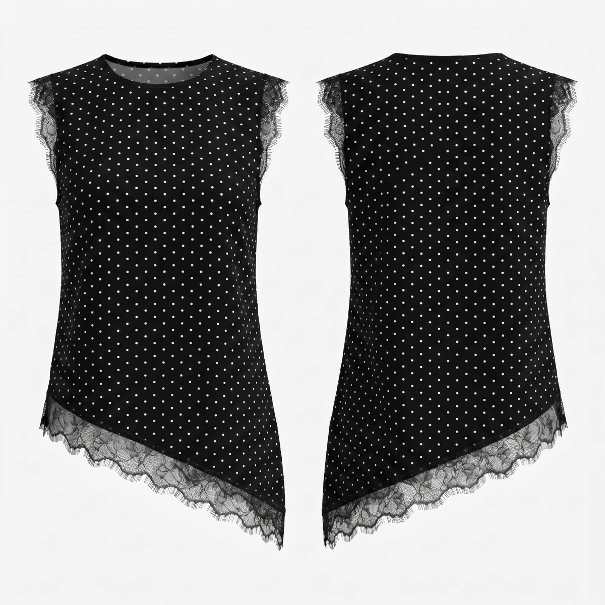 Women's Polka Dot Sleeveless Blouse Eyelash Lace Trim Irregular Diagonal Hem Loose Casual Tank Top Daily Vacation Shirts