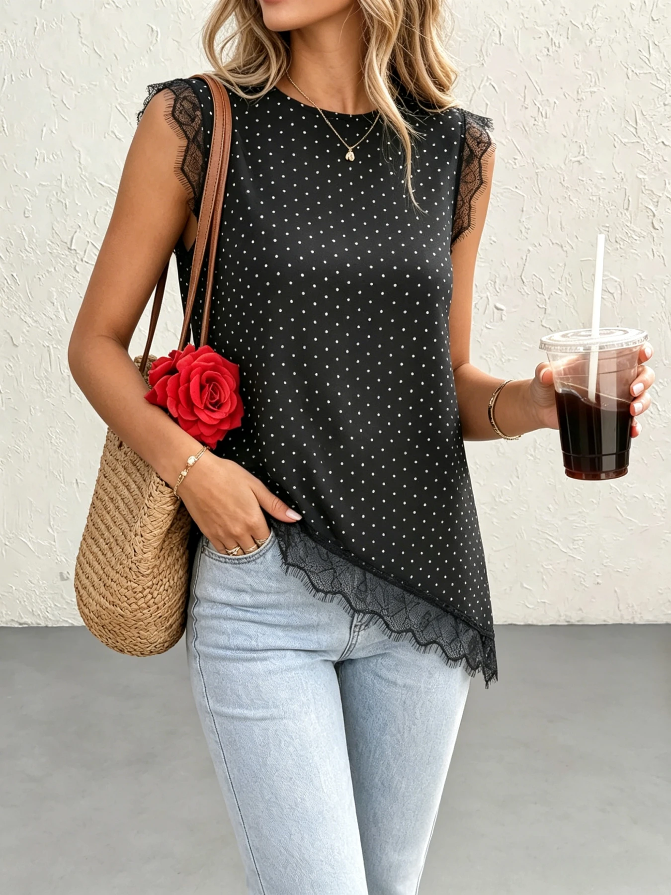 Women's Polka Dot Sleeveless Blouse Eyelash Lace Trim Irregular Diagonal Hem Loose Casual Tank Top Daily Vacation Shirts