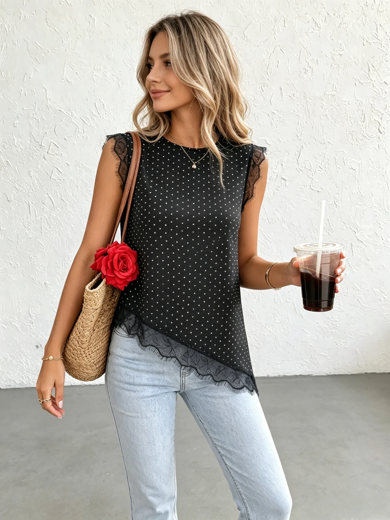 Women's Polka Dot Sleeveless Blouse Eyelash Lace Trim Irregular Diagonal Hem Loose Casual Tank Top Daily Vacation Shirts