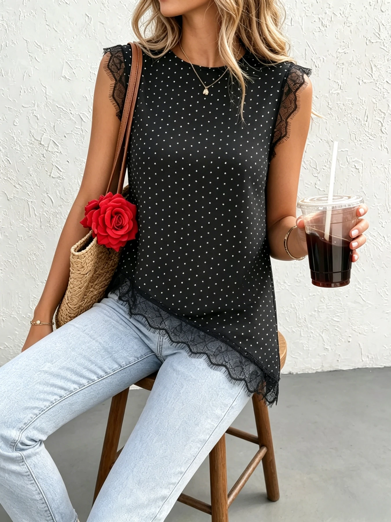 Women's Polka Dot Sleeveless Blouse Eyelash Lace Trim Irregular Diagonal Hem Loose Casual Tank Top Daily Vacation Shirts