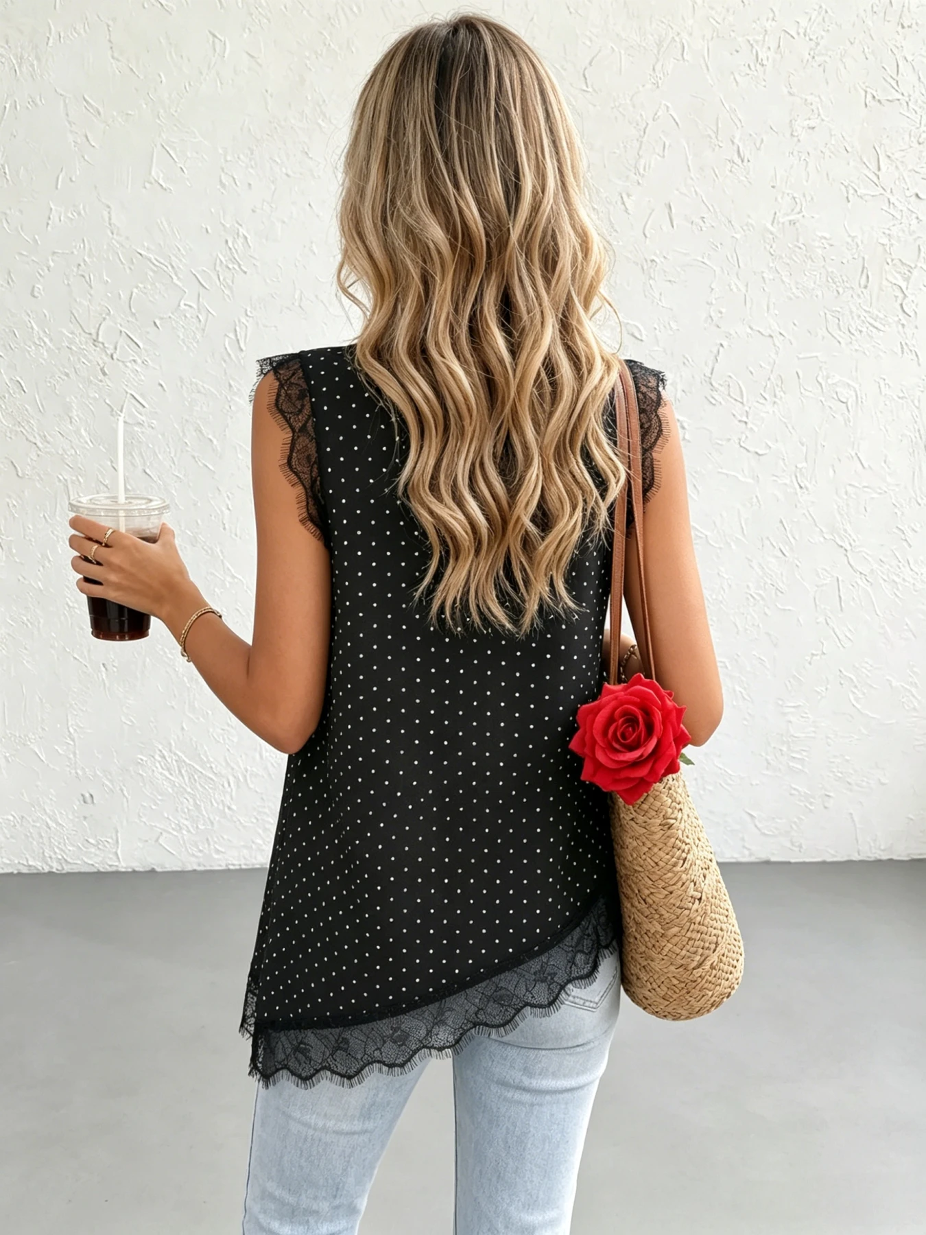 Women's Polka Dot Sleeveless Blouse Eyelash Lace Trim Irregular Diagonal Hem Loose Casual Tank Top Daily Vacation Shirts