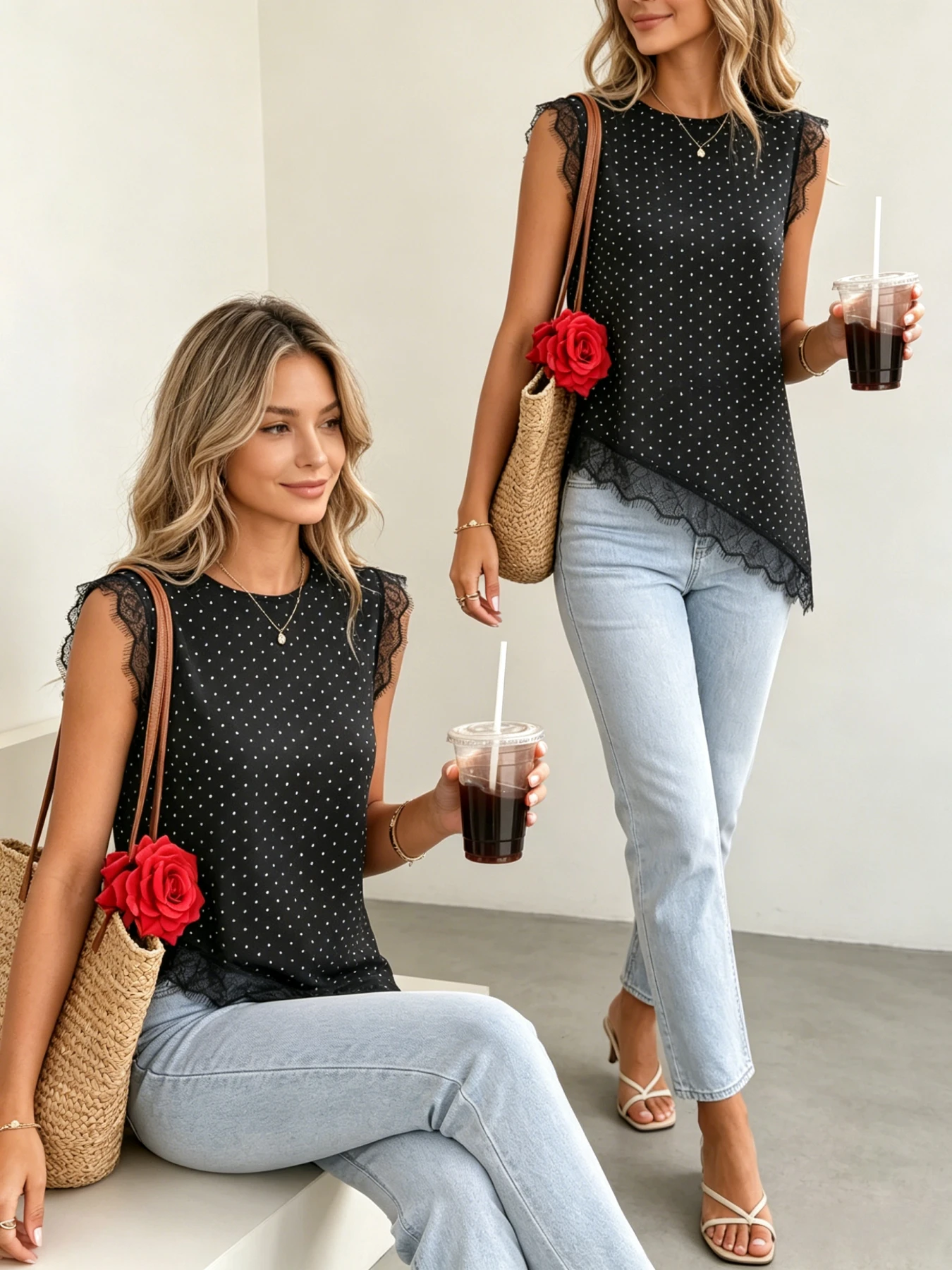 Women's Polka Dot Sleeveless Blouse Eyelash Lace Trim Irregular Diagonal Hem Loose Casual Tank Top Daily Vacation Shirts
