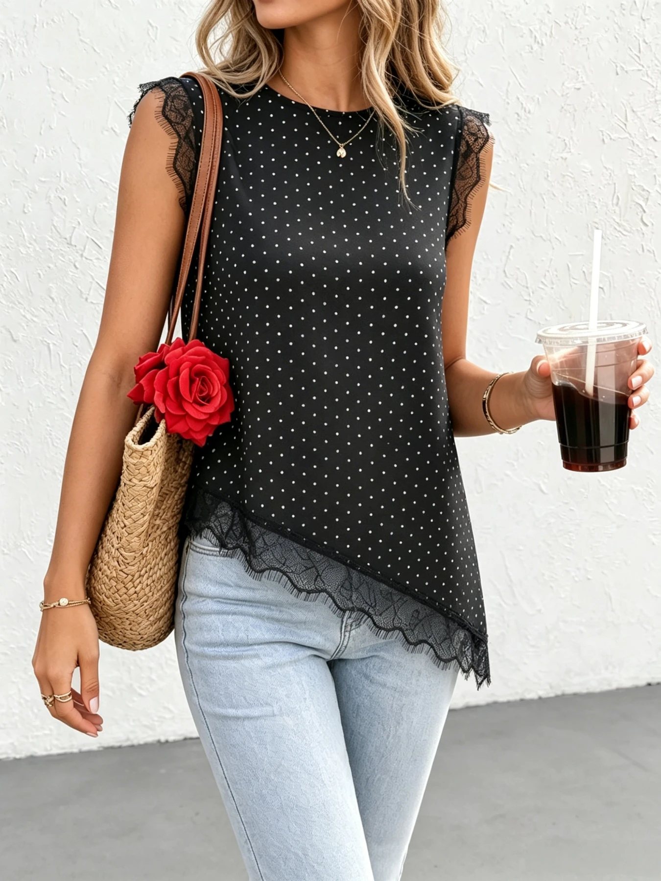 Women's Polka Dot Sleeveless Blouse Eyelash Lace Trim Irregular Diagonal Hem Loose Casual Tank Top Daily Vacation Shirts