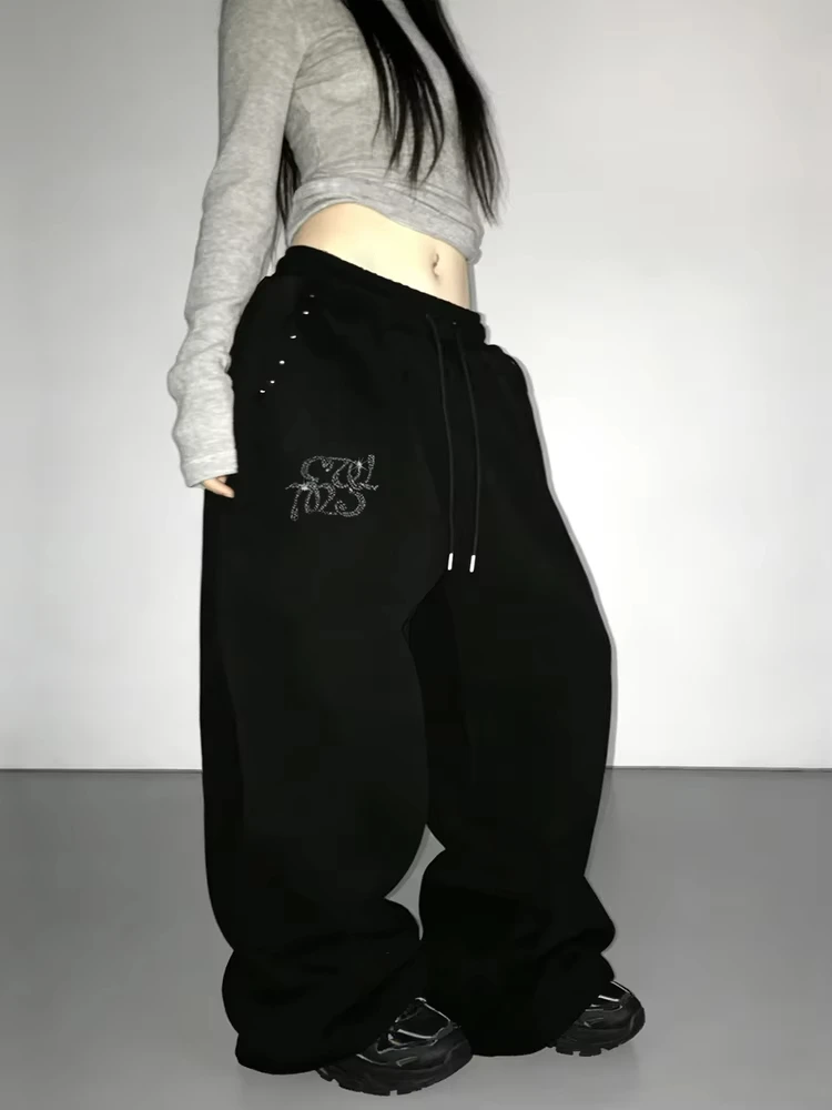 Y2K Women Korean Streetwear Wide Leg Sweatpants Baggy Oversized Rivet Pants Harajuku Grunge Joggers Trousers Acubi 2000s Clothes