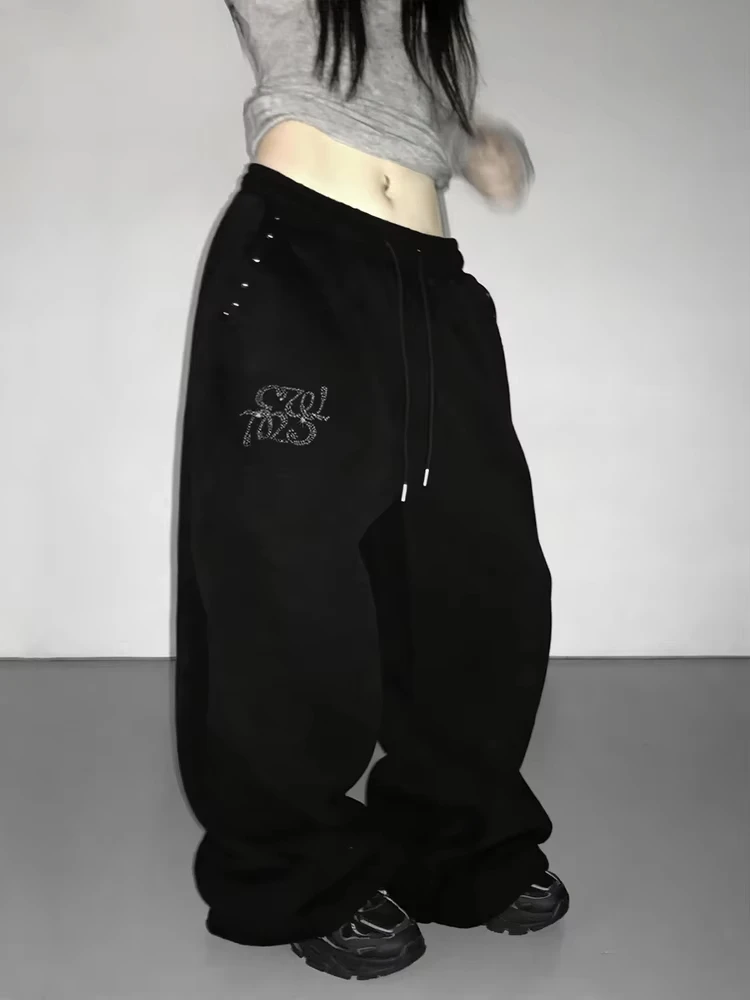 Y2K Women Korean Streetwear Wide Leg Sweatpants Baggy Oversized Rivet Pants Harajuku Grunge Joggers Trousers Acubi 2000s Clothes