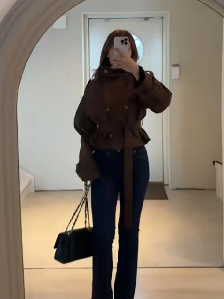 Women Vintage Cropped Coat Stand Collar Waist Slim Belt Double-breasted Jacket 2026 Autumn Winter Commute Office Party Outerwear