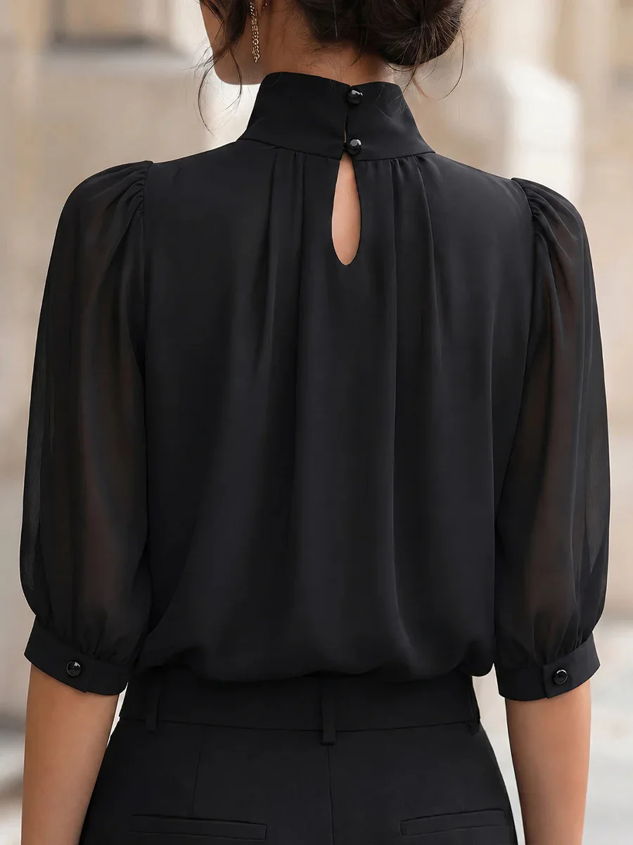 High Neck Puff Half Sleeve Chiffon Blouse Pleated Front Elegant Office Work Shirts Women Loose