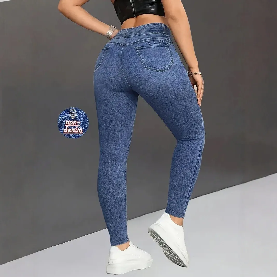 Ladies High-Waist Faux Denim Slim Fit Pants Denim Print Elastic Waist Tummy Control Butt Lifting Casual Trousers