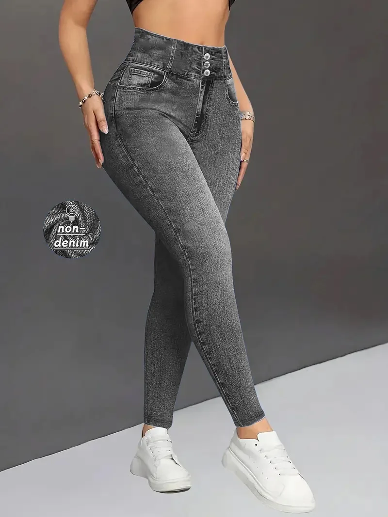 Ladies High-Waist Faux Denim Slim Fit Pants Denim Print Elastic Waist Tummy Control Butt Lifting Casual Trousers