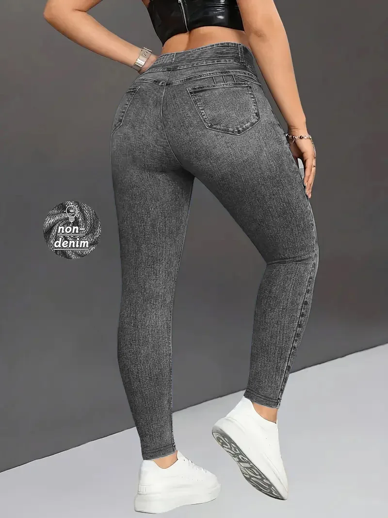 Ladies High-Waist Faux Denim Slim Fit Pants Denim Print Elastic Waist Tummy Control Butt Lifting Casual Trousers